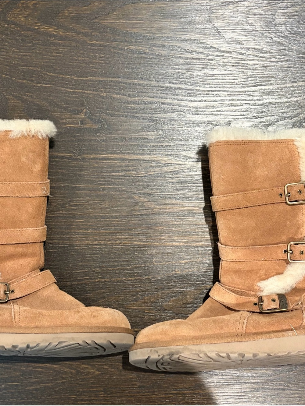 UGG Chestnut Suede Shearling Buckle Mid-Calf Boots